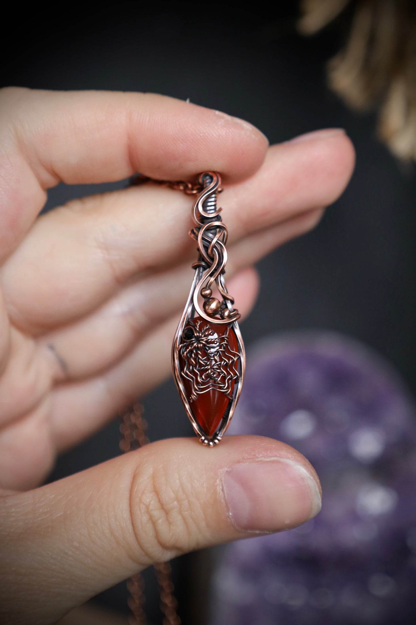 Carnelian and Black Spinel Spider-Web Pendant in Copper