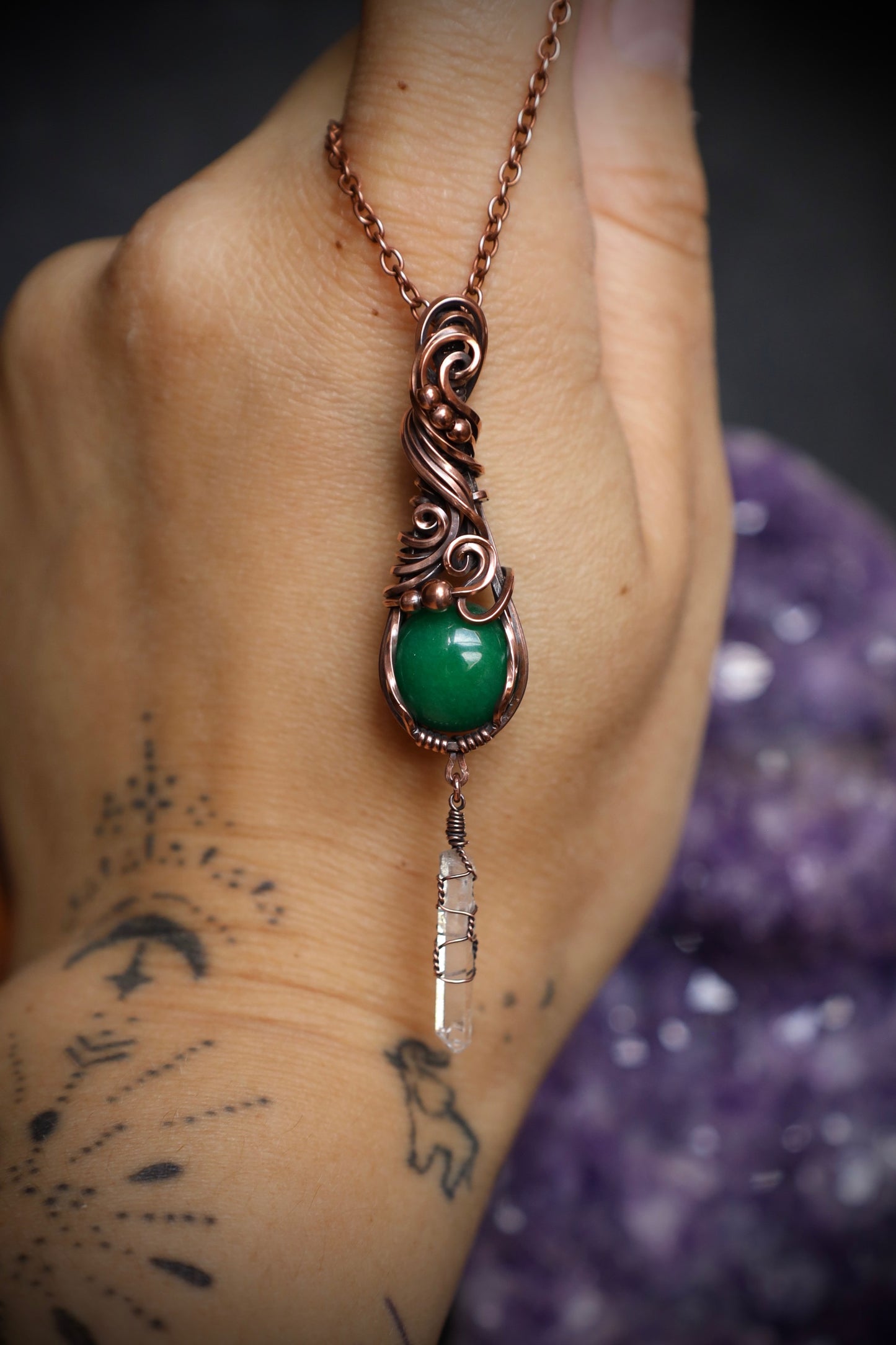 Green (Dyed) Malaysian Jade and Quartz Crystal Copper Pendant