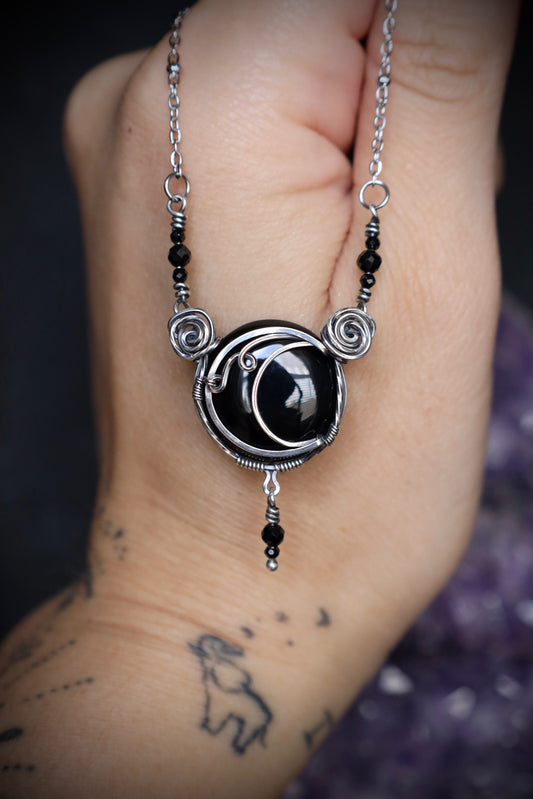 Black Onyx and Spinel Moon Pendant in Solid Sterlng Silver