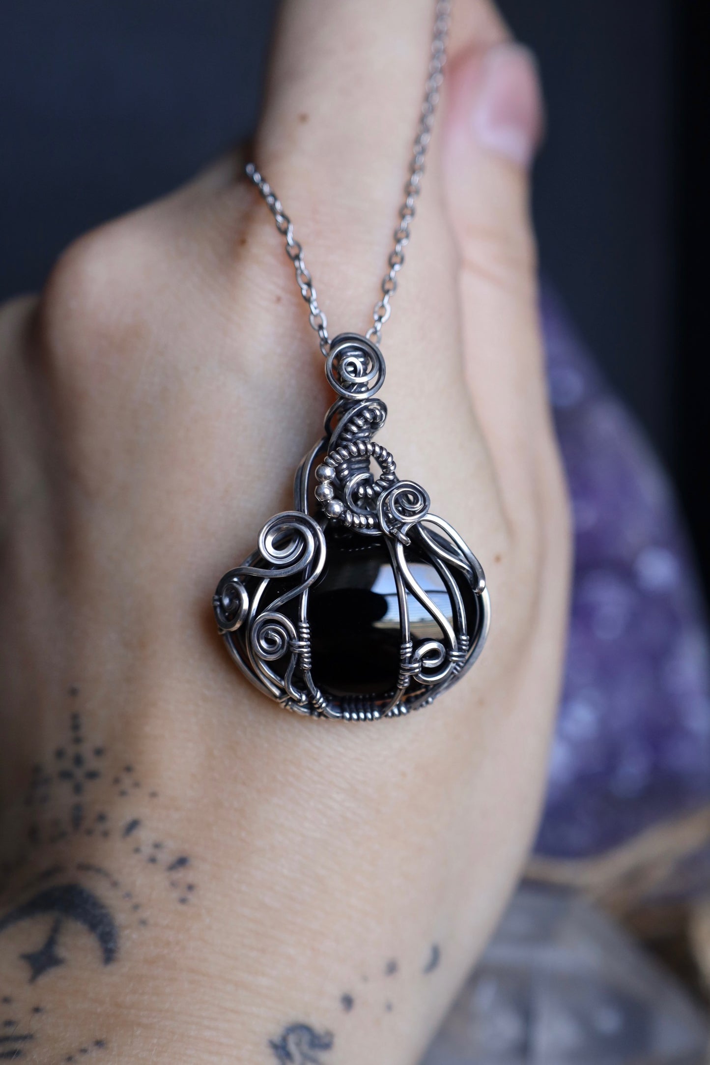 Black Agate Large Pumpkin in Solid Sterling Silver