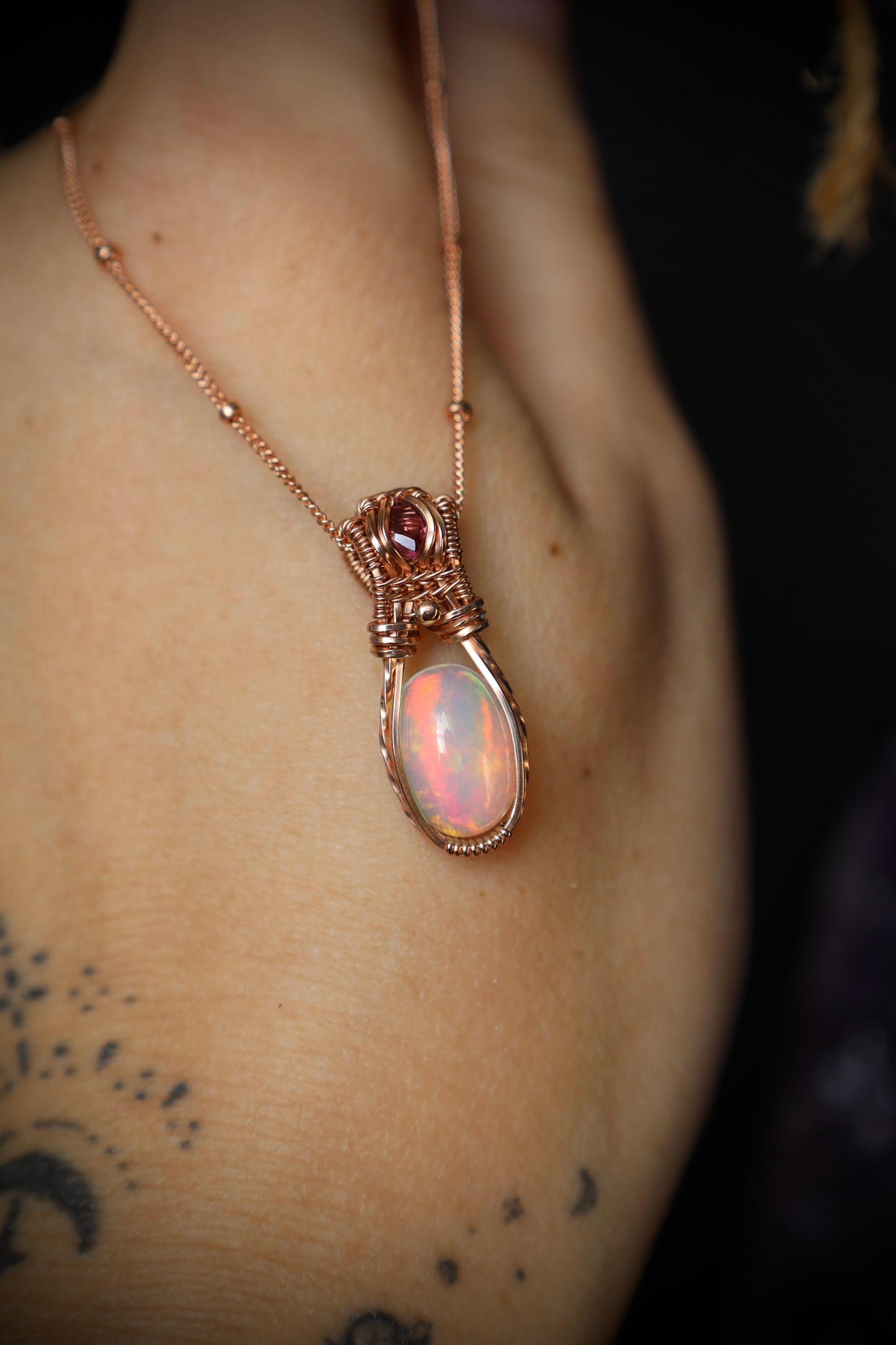 2.15 ct Opal and Pink Tourmaline Mini Pendant in 14k Rose Gold Fill