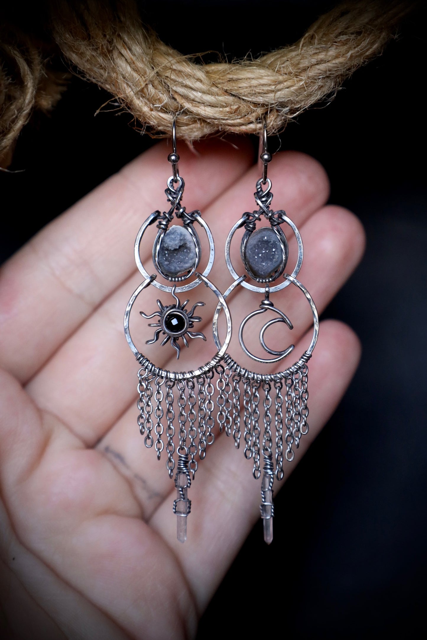 Sun/Moon Tiny Geode Boho Earrings in Antiqued Solid Sterling Silver