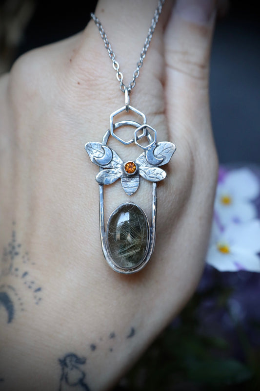 Golden Rutile Garden Quartz and Citrine Bee and Moon Pendant in Solid Sterling Silver