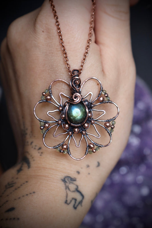 Labradorite and Green Peridot Bead Wildflower Mandala Pendant in Copper