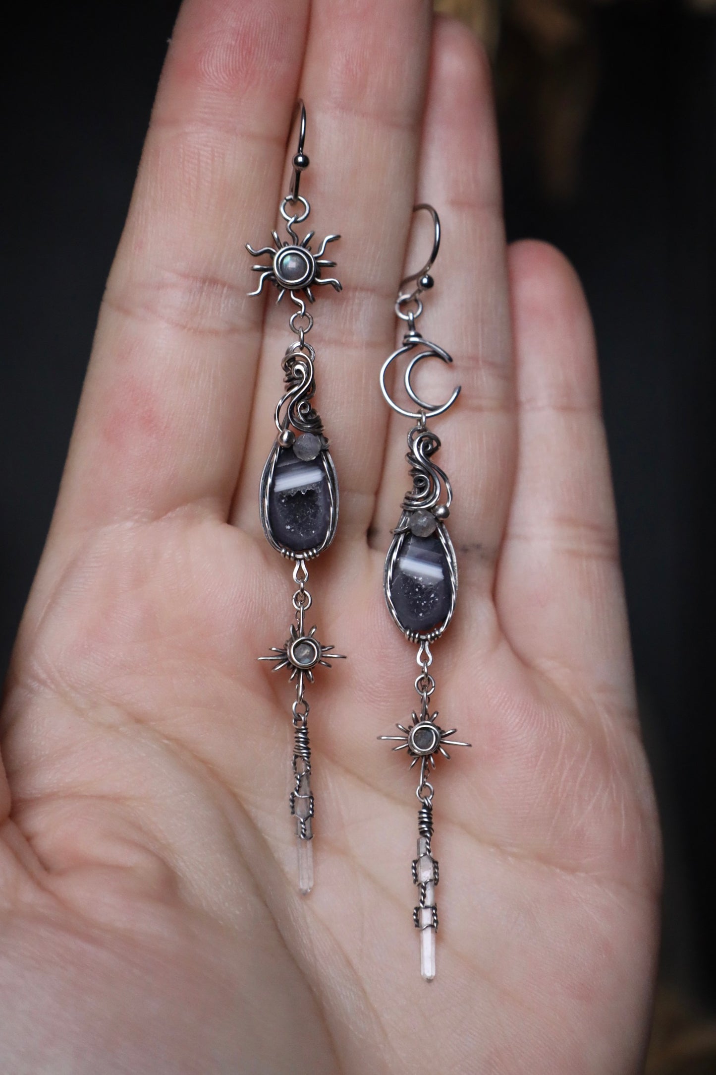 Sun, Moon, and Star Tiny Tabasco Geode Earrings in Antiqued Solid Sterling Silver