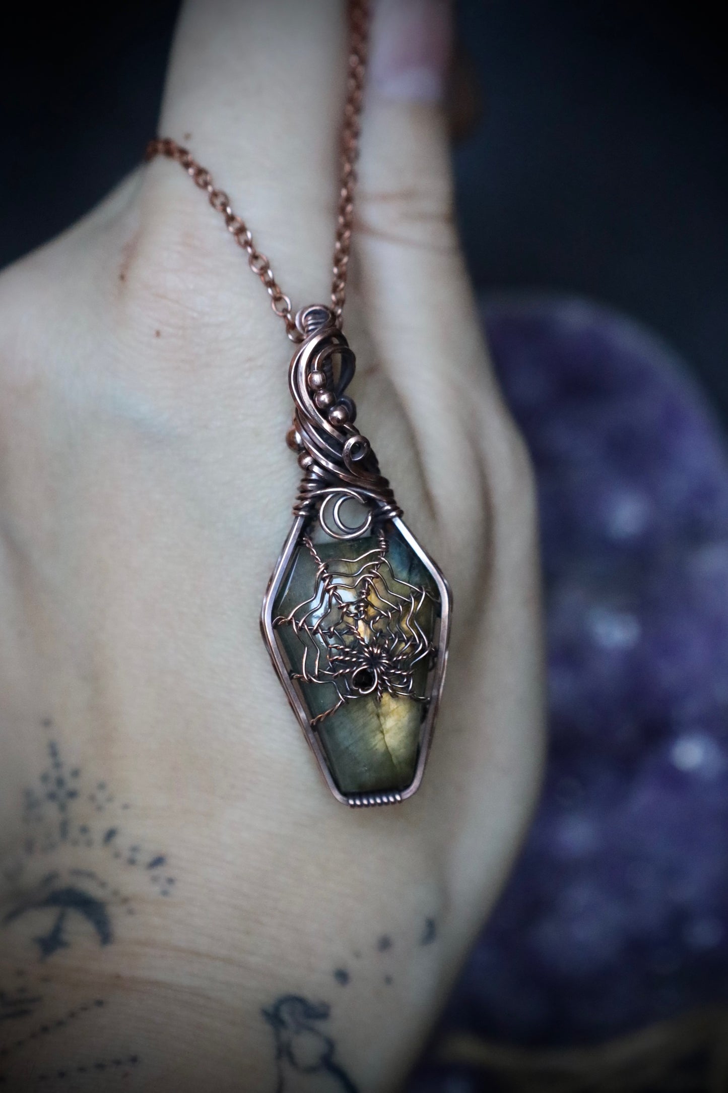 Labradorite Coffin and Black Spinel Spider Moon Pendant in Copper