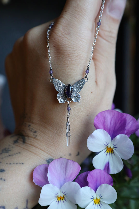 Amethyst and Quartz Crystal Butterfly Necklace in Solid Sterling Silver