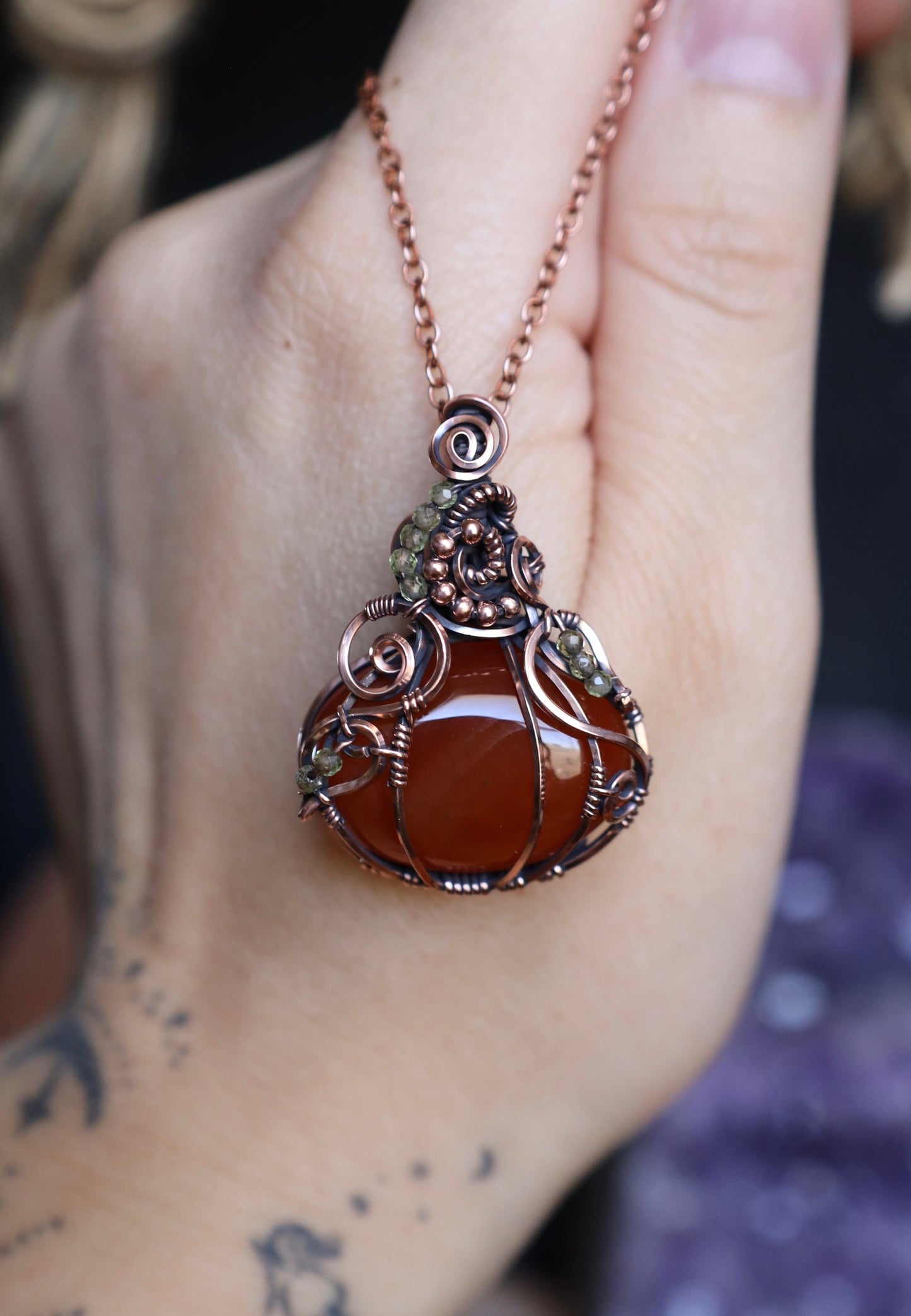 Carnelian and Peridot Pumpkin Copper Pendant