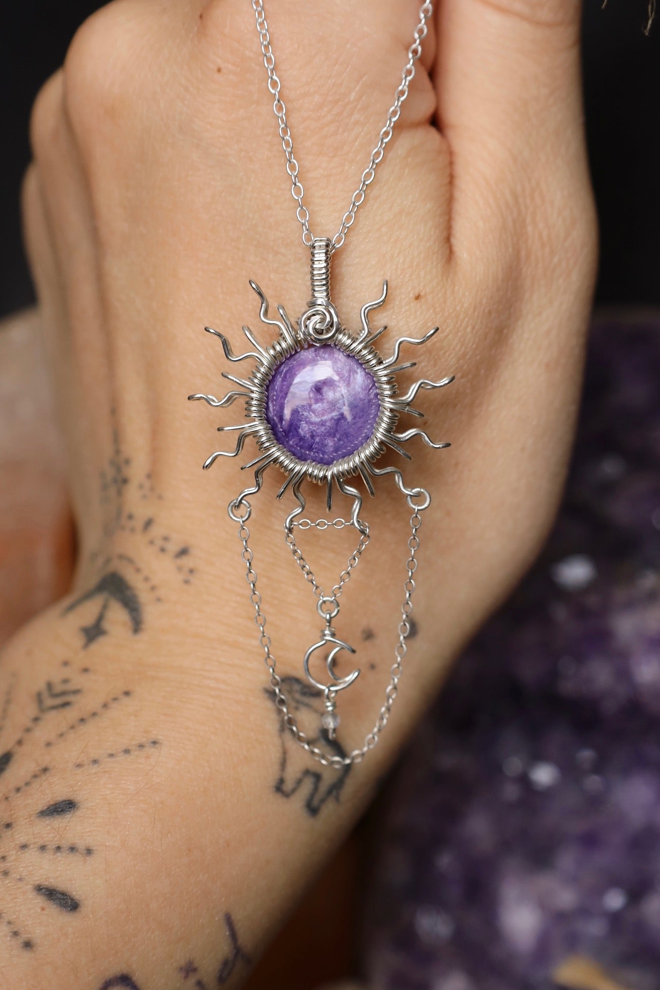 Charoite Sun and Moon Necklace in Solid Sterling Silver