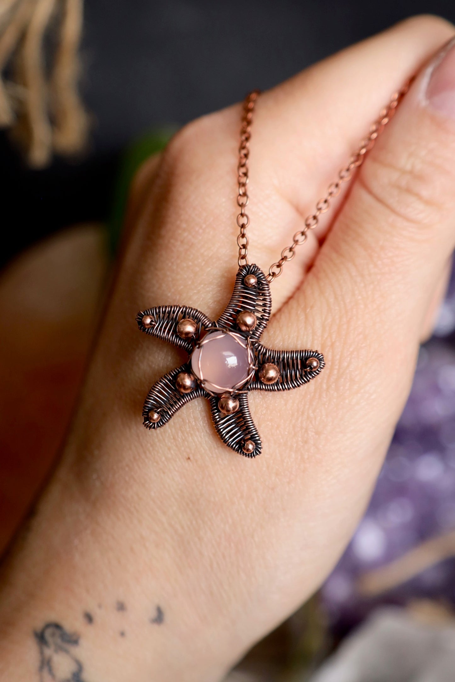 Pink Chalcedony Copper Starfish Pendant