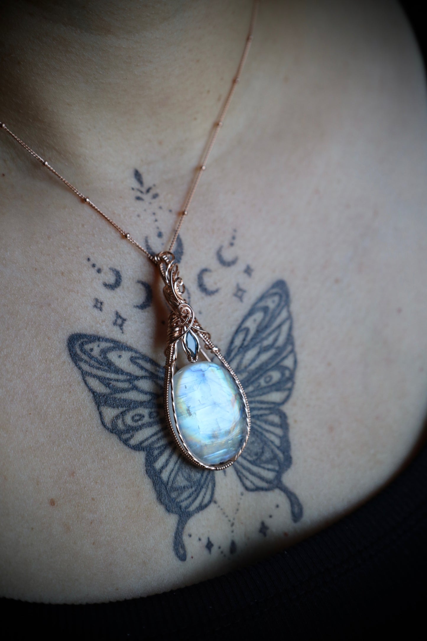 Moonstone and Blue Topaz Pendant in 14k Rose Gold Fill