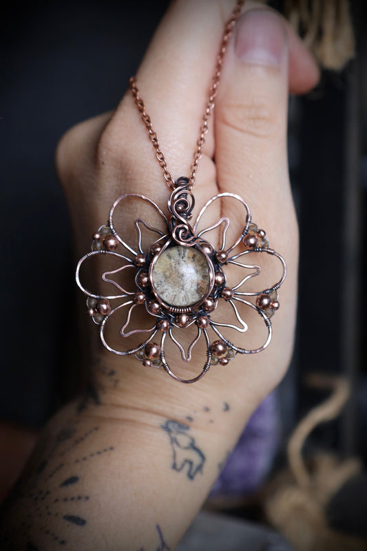 Lodolite and Citrine Bead Wildflower Mandala Pendant in Copper