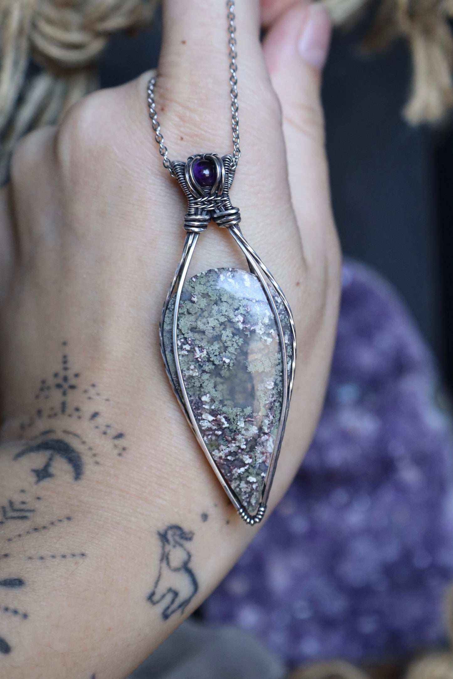 Moss Agate and Amethyst Pendant in Solid Sterling Silver