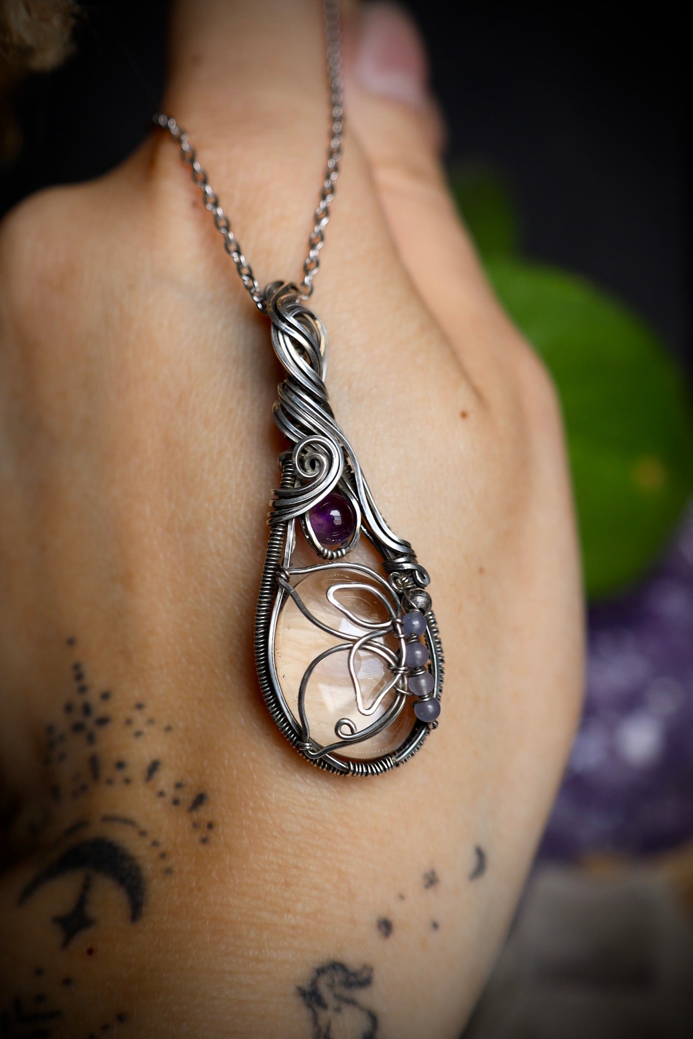 Clear Quartz and Amethyst Butterfly Pendant in Solid Sterling Silver