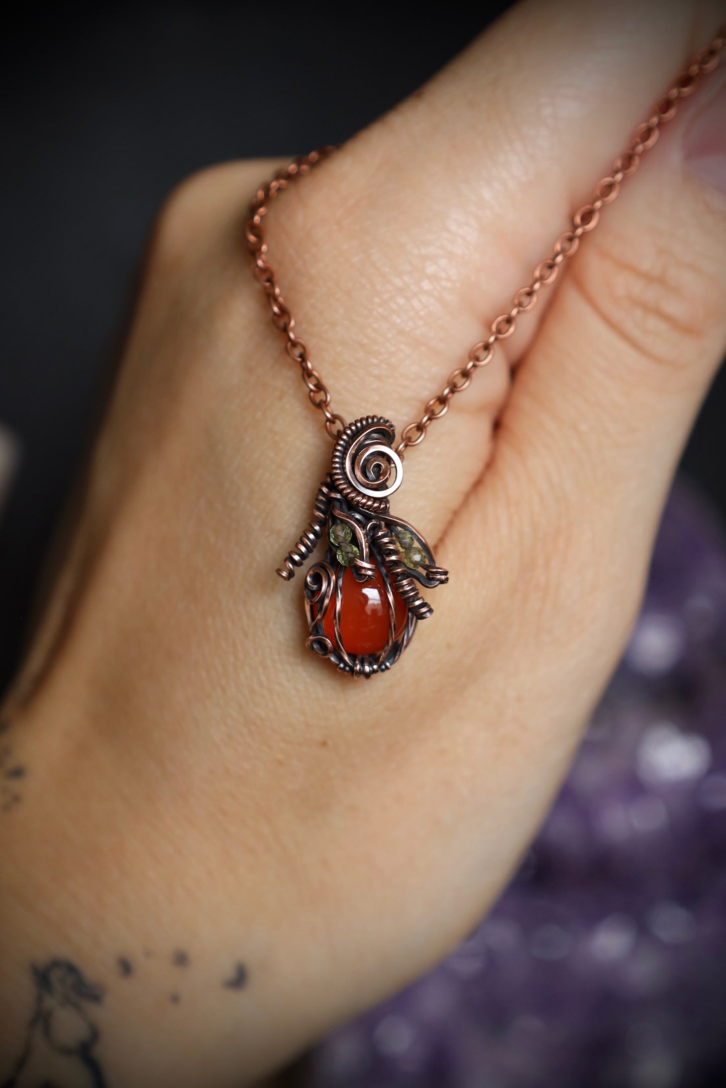 Carnelian Pumpkin and Peridot Leaf Micro Pendant in Copper