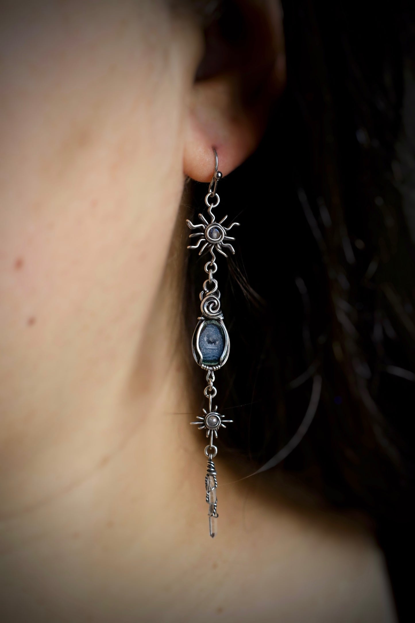 Sun, Moon, and Star Tiny Tabasco Geode Earrings in Antiqued Solid Sterling Silver