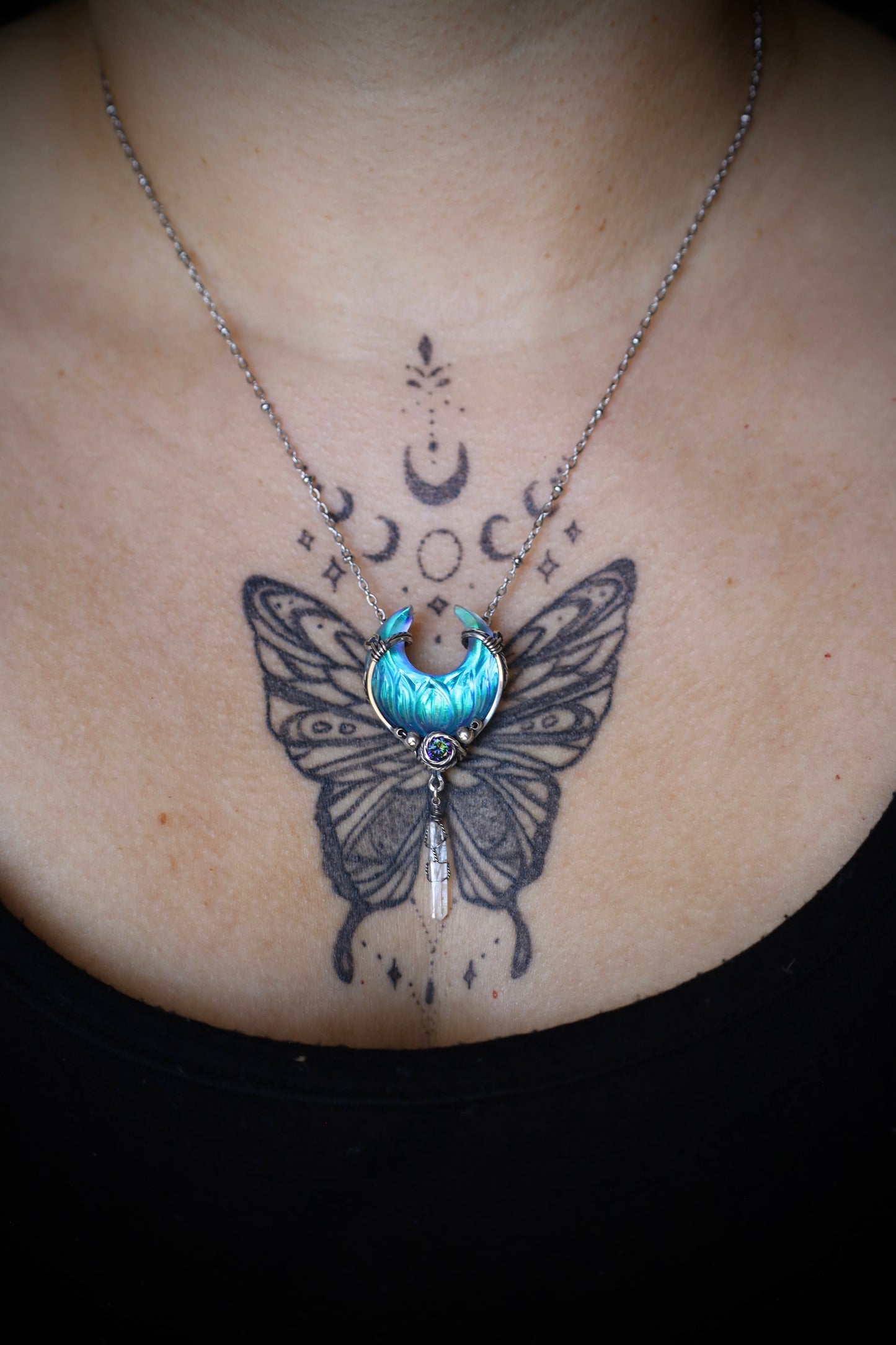 Labradorite Lotus Moon Doublet, Mystic Topaz and Quartz Necklace in Solid Sterling Silver