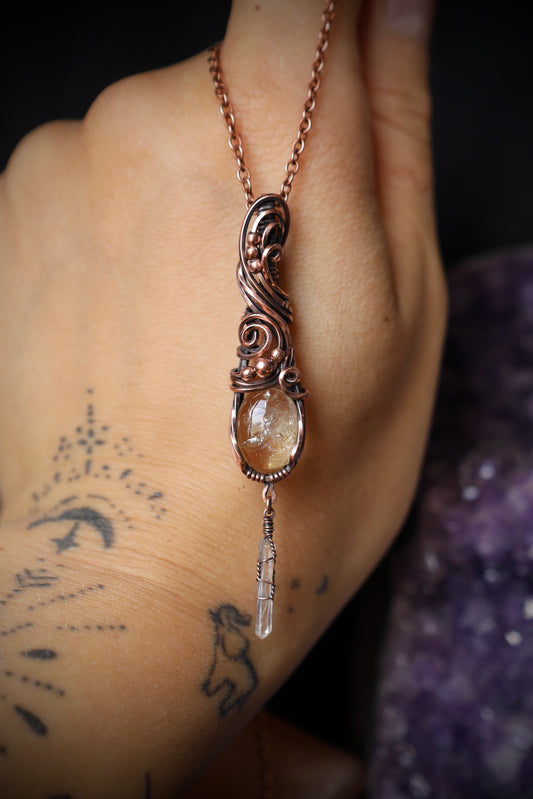 Citrine and Quartz Crystal Copper Pendant