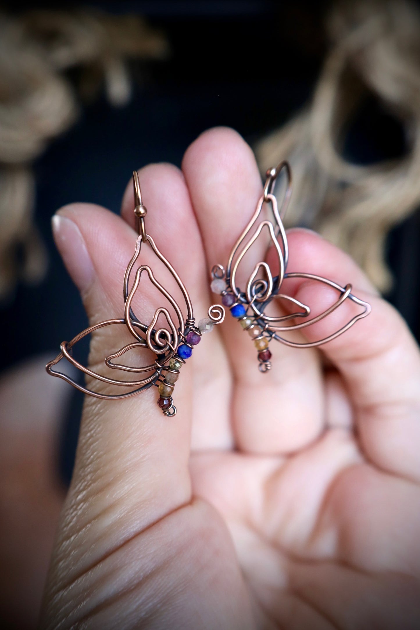 Rainbow Genuine Gemstone Butterfly Earrings in Copper