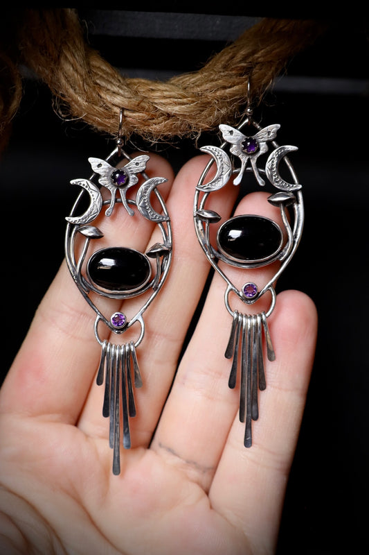 Black Agate/Amethyst Luna Moth, Moon & Mushroom Fringe Earrings in Antiqued Solid Sterling Silver