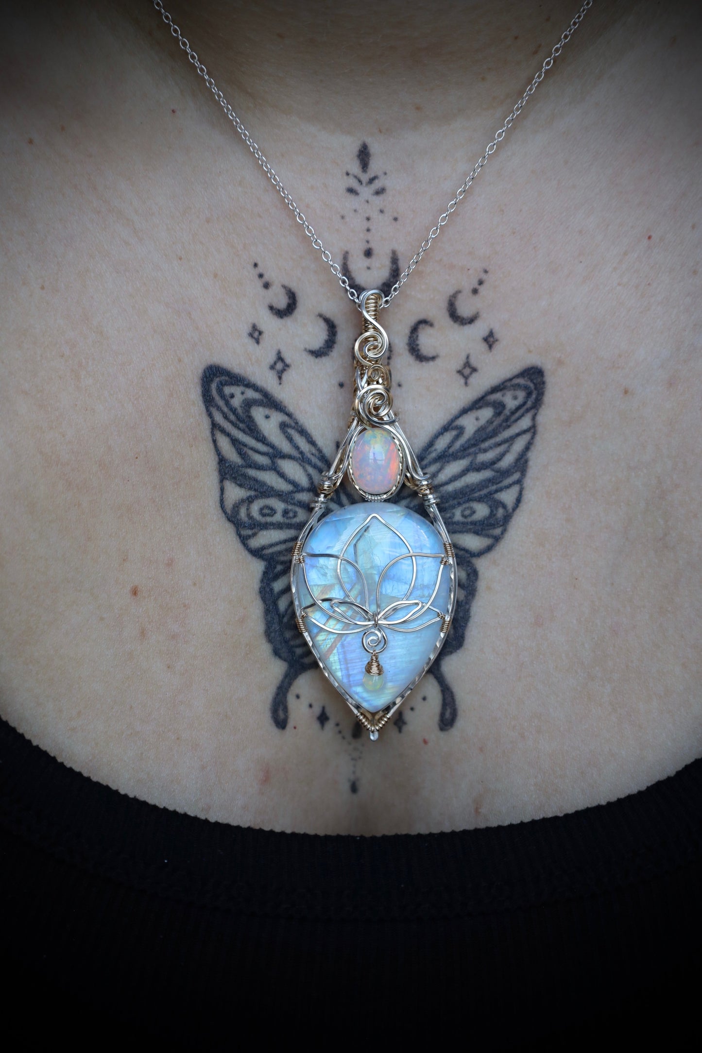 AAA Rainbow Moonstone and Opal Lotus Pendant in 14k Gold Fill and Solid Sterling Silver