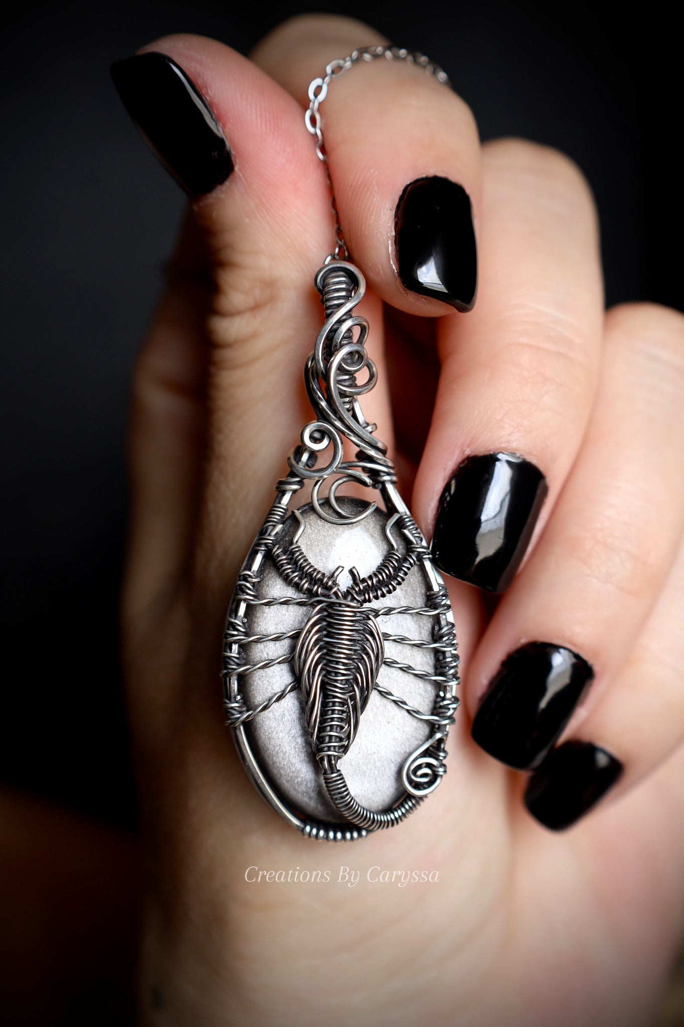 Silver Sheen Obsidian Scorpion Moon Pendant in Solid Sterling Silver