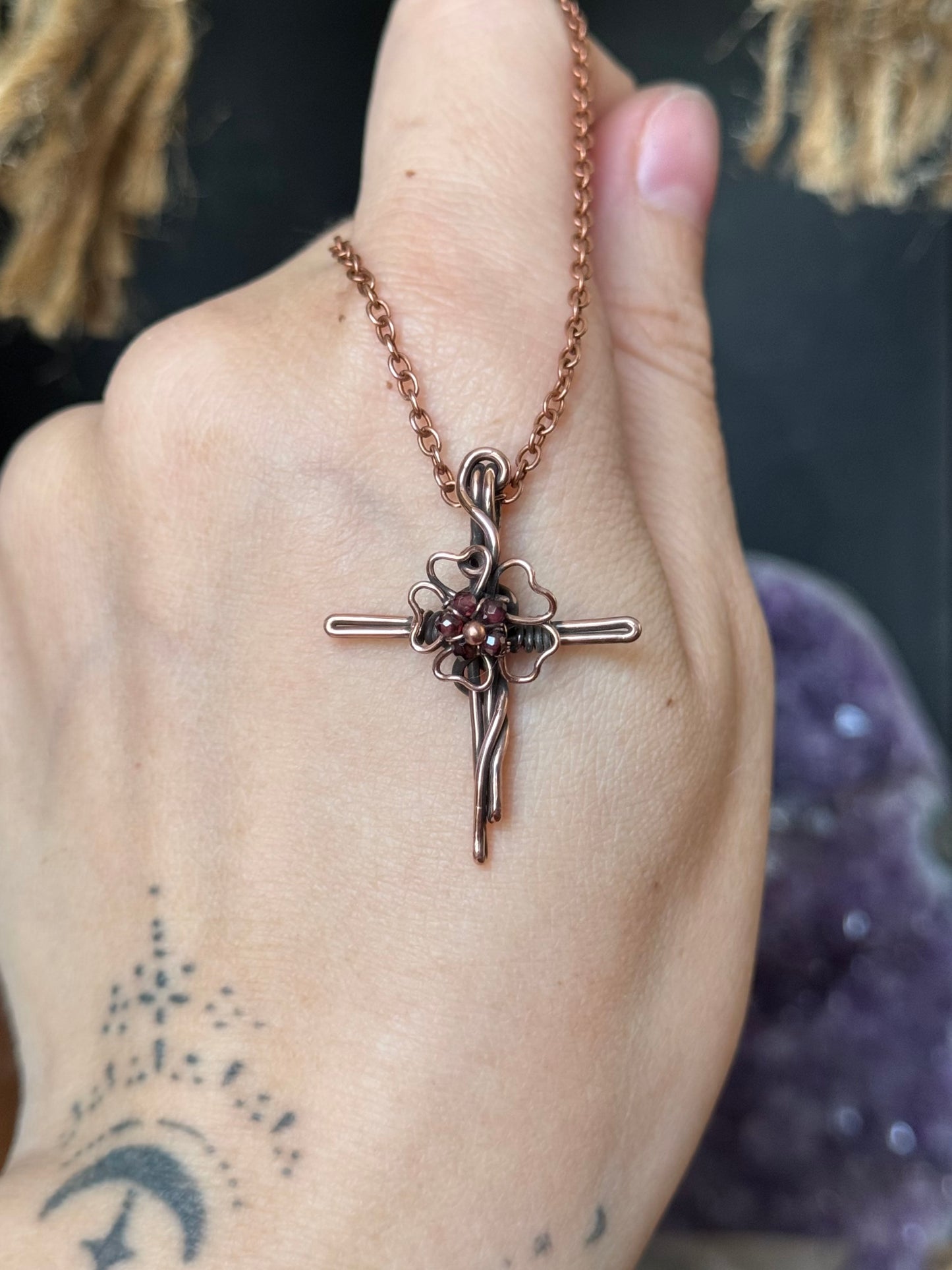 Garnet Flower Cross Pendant in Copper