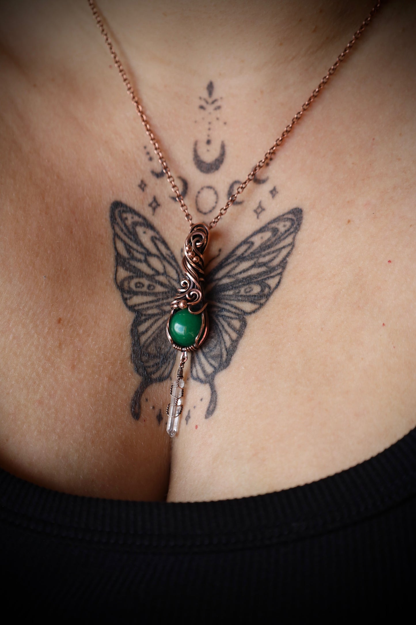 Green (Dyed) Malaysian Jade and Quartz Crystal Copper Pendant