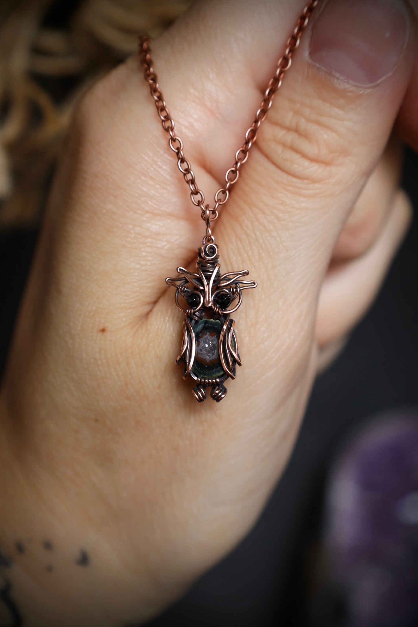 Red and Black Tabasco Geode Micro Owl with Black Spinel Eyes in Copper