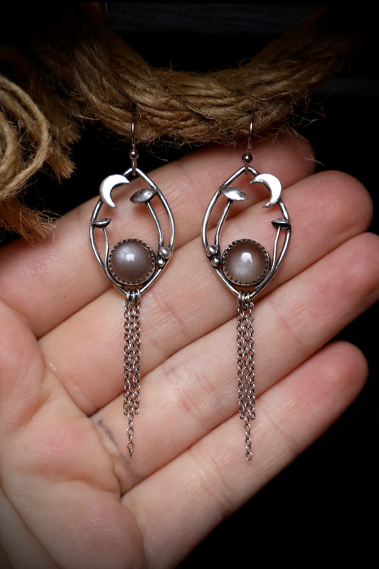 Gray Moonstone Mushroom and Moon Earrings in Solid Sterling Silver