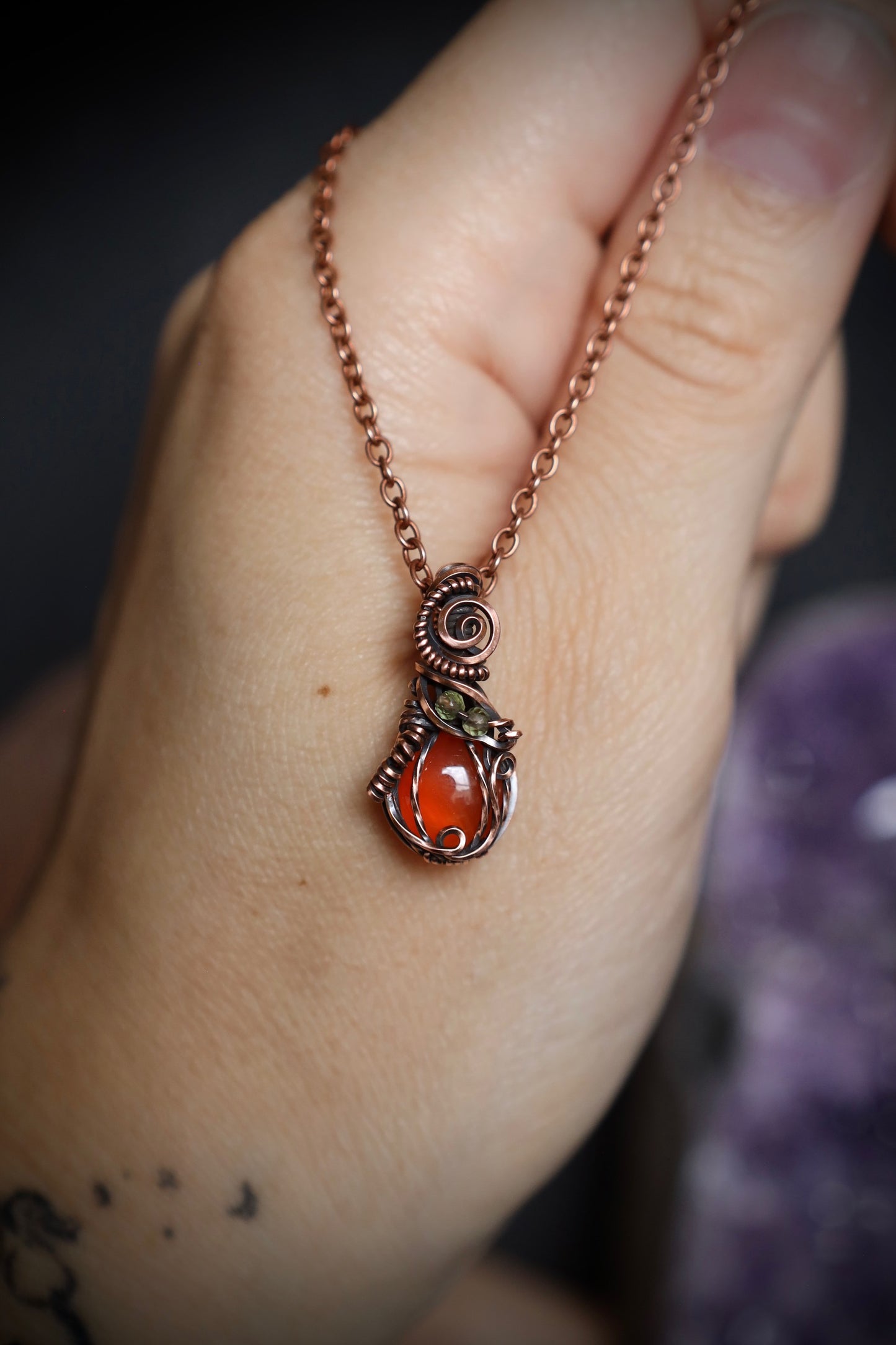 Carnelian Pumpkin and Peridot Leaf Micro Pendant in Copper