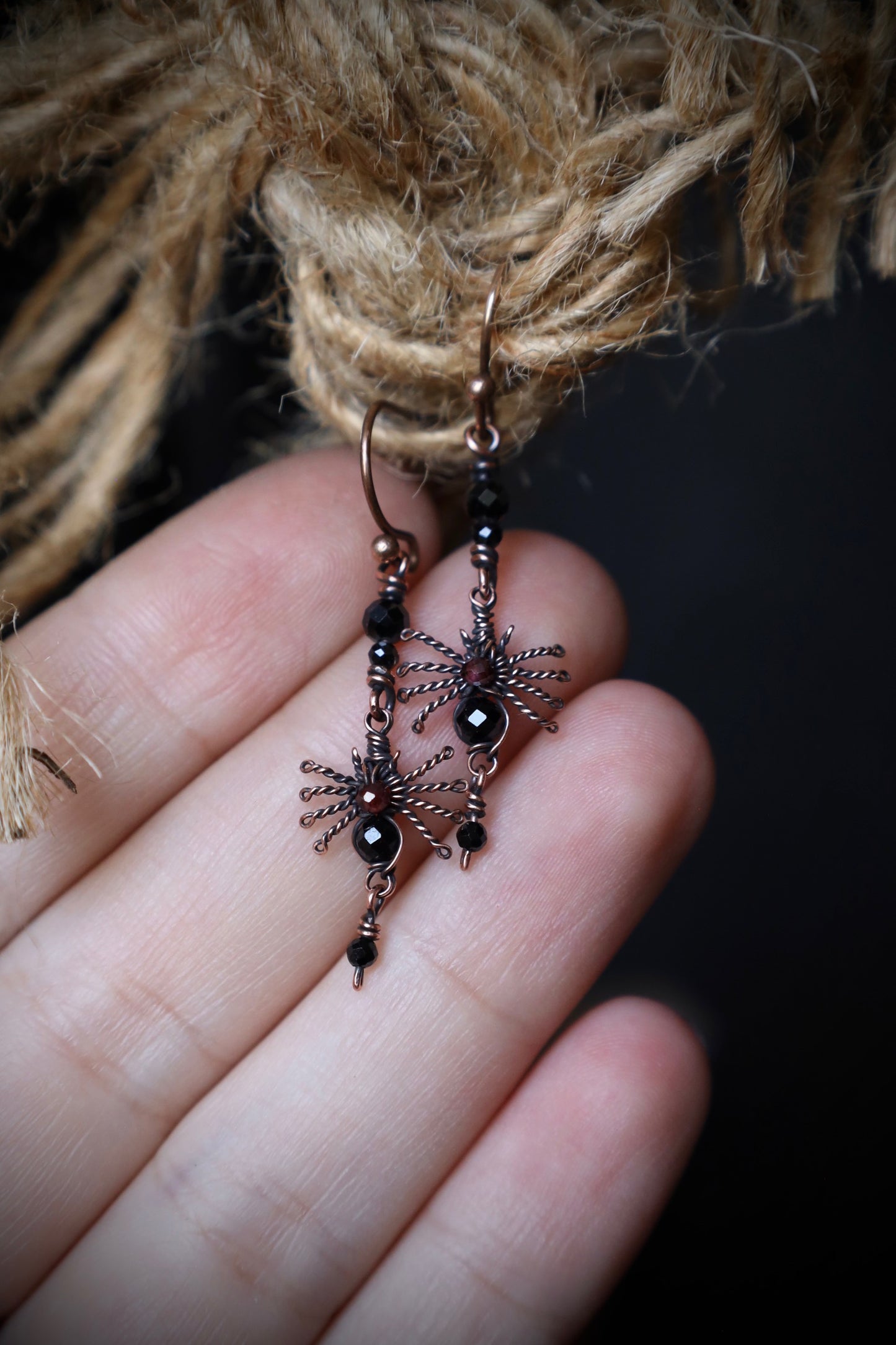 Black Spinel and Garnet Tiny Copper Spider Earrings