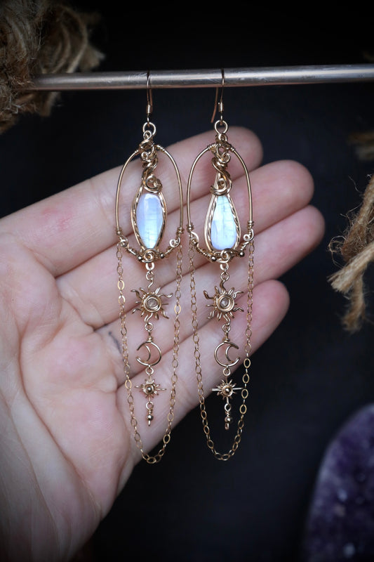 AAA Moonstone Sun, Moon and Star Earrings in 14k Gold Fill