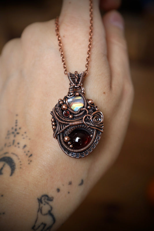 Moonstone and Garnet “Heady Wrap” Copper Pendant