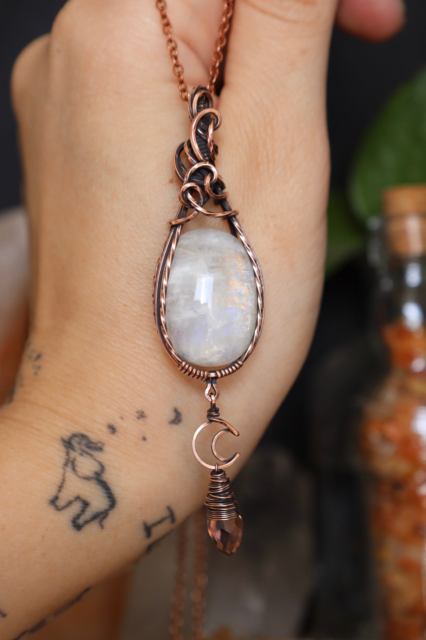 Moonstone, Moon and Soft Pink Crystal Pendant