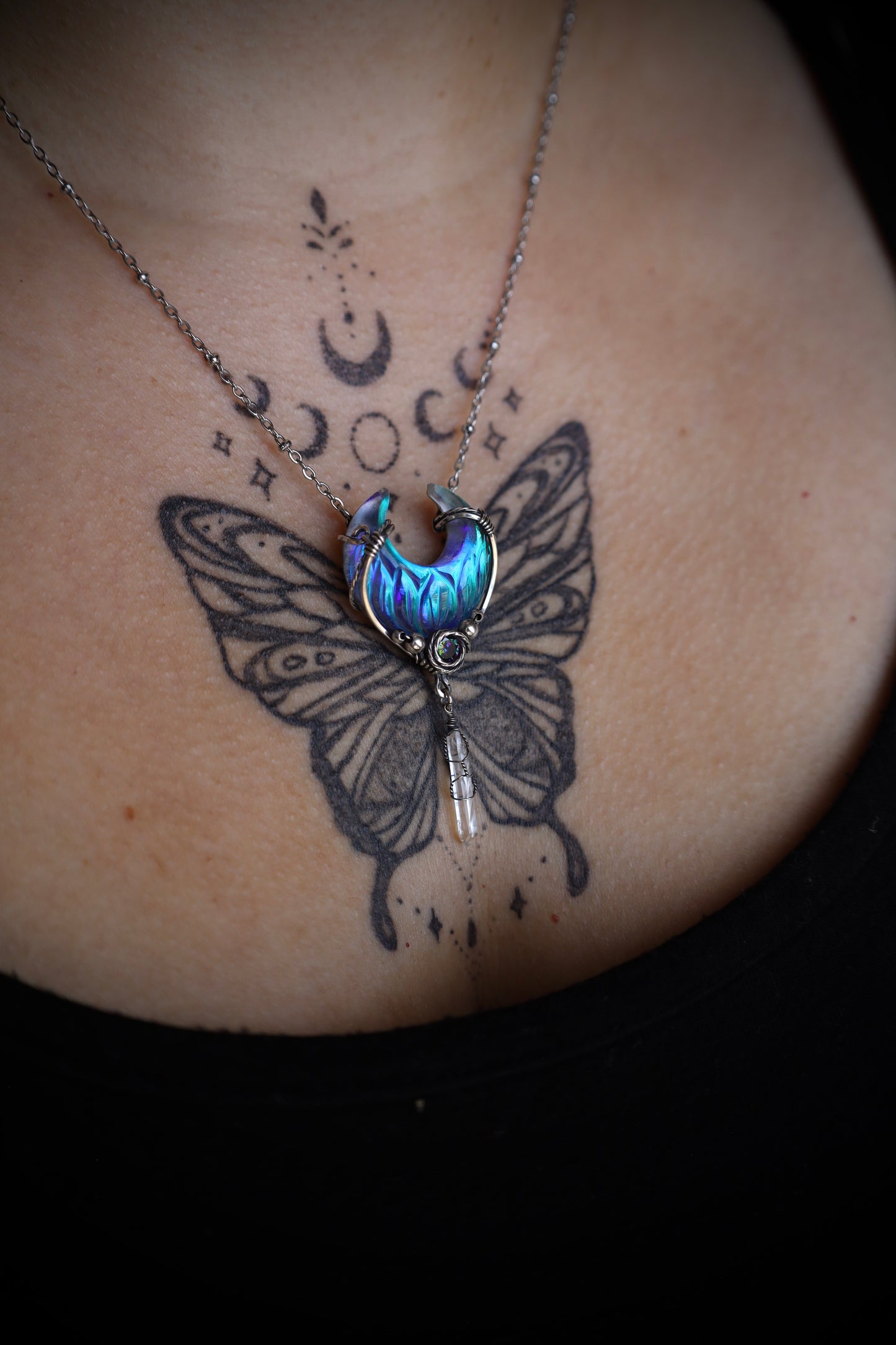 Labradorite Lotus Moon Doublet, Mystic Topaz and Quartz Necklace in Solid Sterling Silver