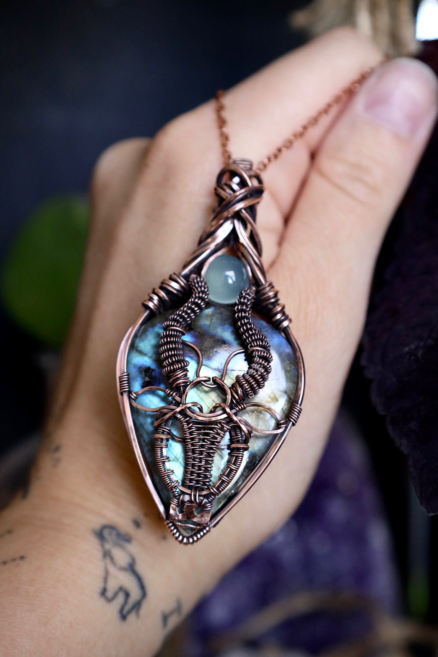 Labradorite and Aqua Chalcedony Taurus Zodiac Copper Pendant