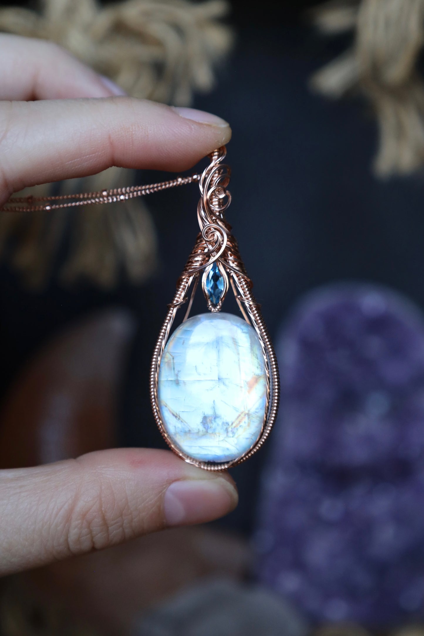 Moonstone and Blue Topaz Pendant in 14k Rose Gold Fill