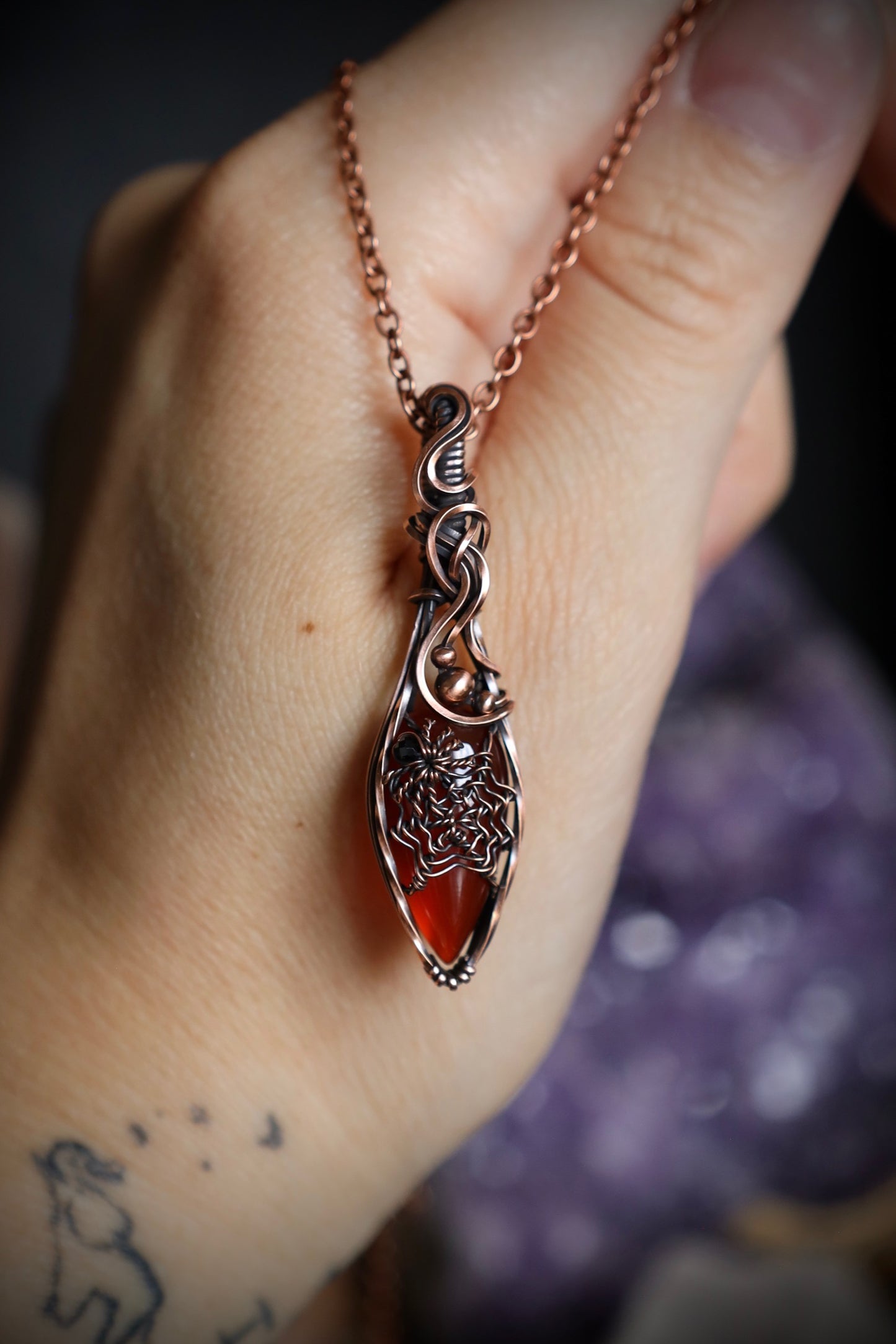 Carnelian and Black Spinel Spider-Web Pendant in Copper