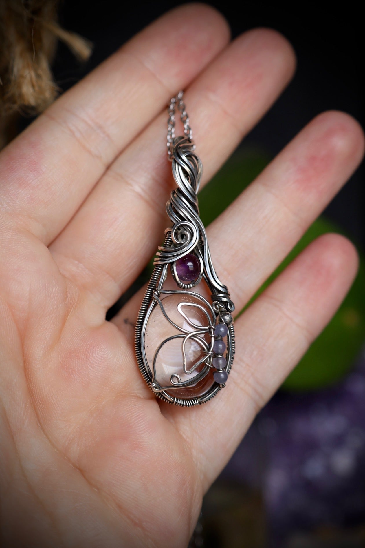 Clear Quartz and Amethyst Butterfly Pendant in Solid Sterling Silver