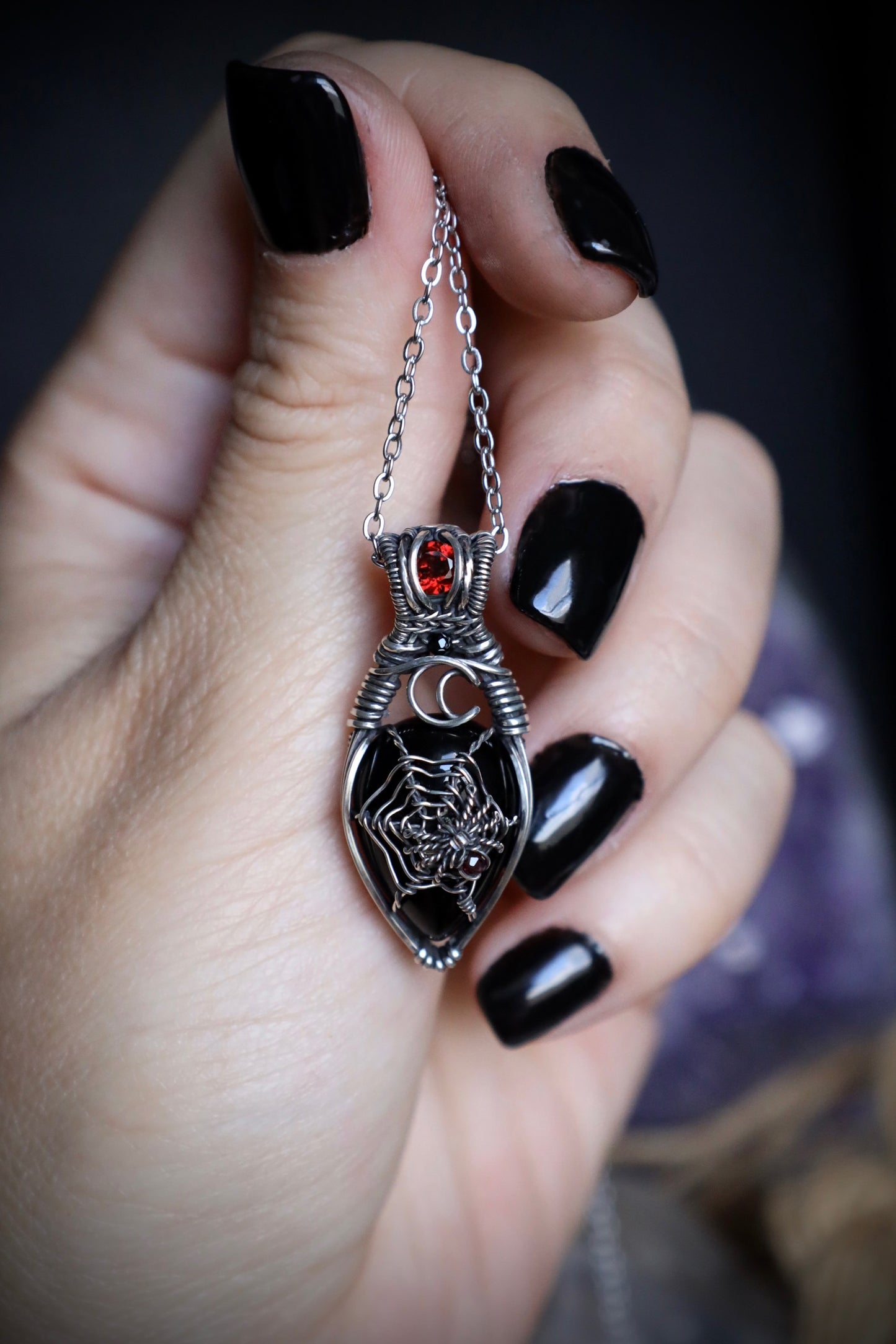 Black Agate and Garnet Spider-Web Moon Pendant in Solid Sterling Silver