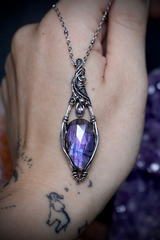 Purple Faceted Labradorite and Amethyst Pendant in Solid Sterling Silver