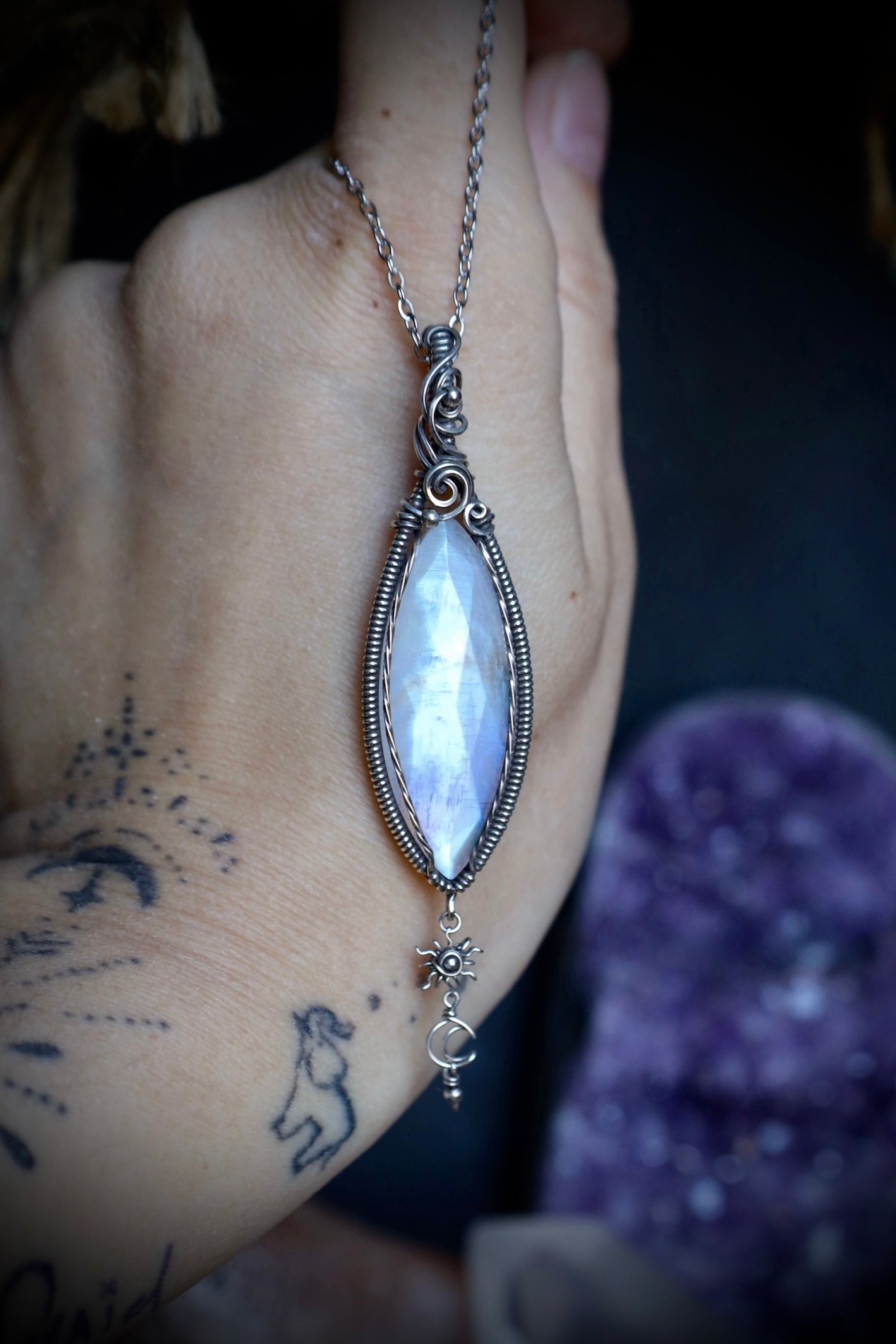 Faceted Moonstone Sun and Moon Pendant in Antiqued Solid Sterling Silver