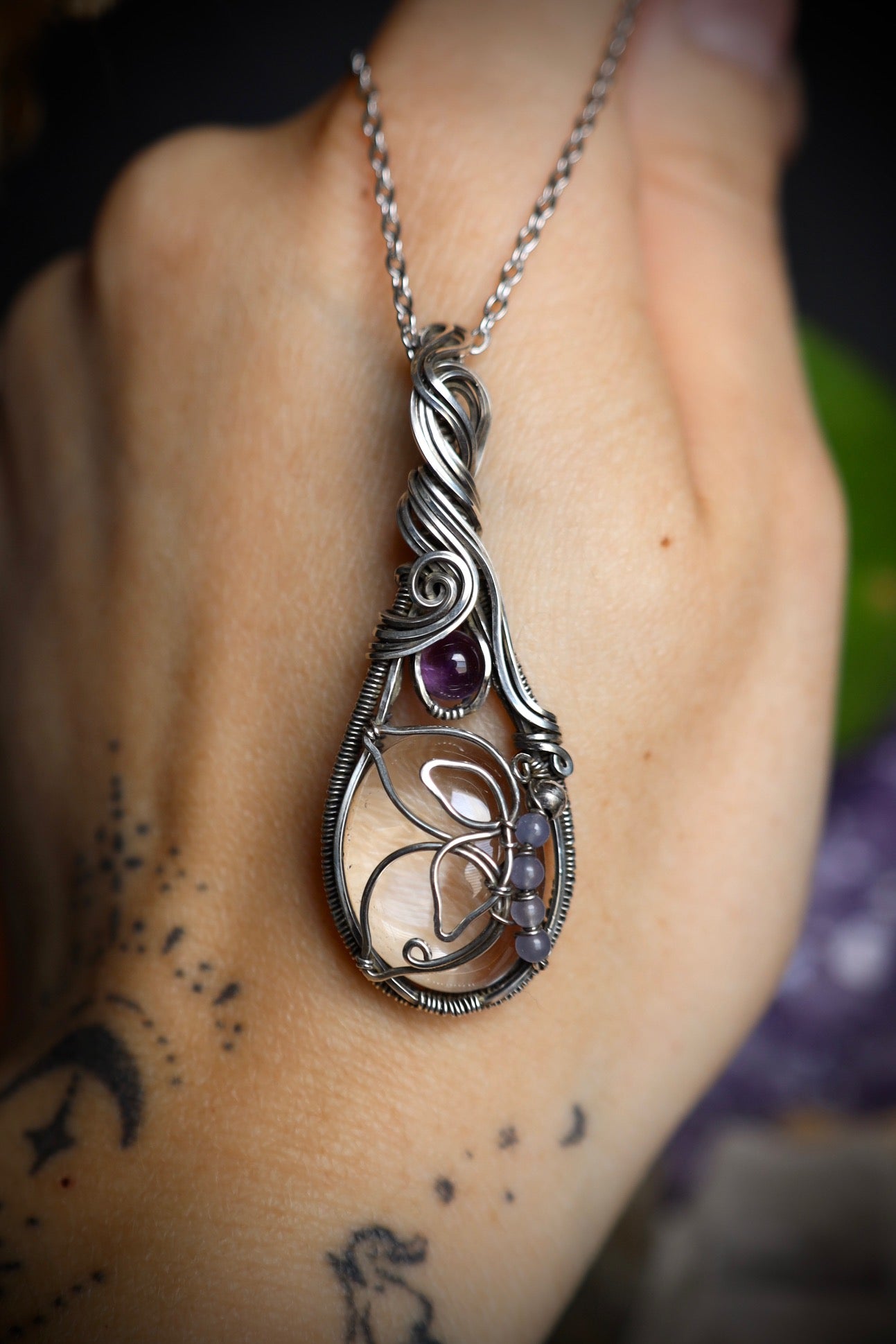 Clear Quartz and Amethyst Butterfly Pendant in Solid Sterling Silver