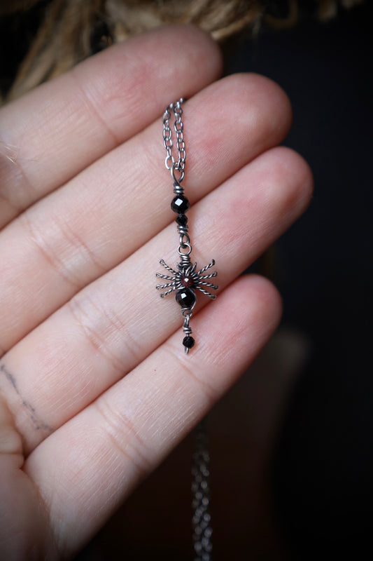 Black Spinel and Garnet Spider Silver Necklace