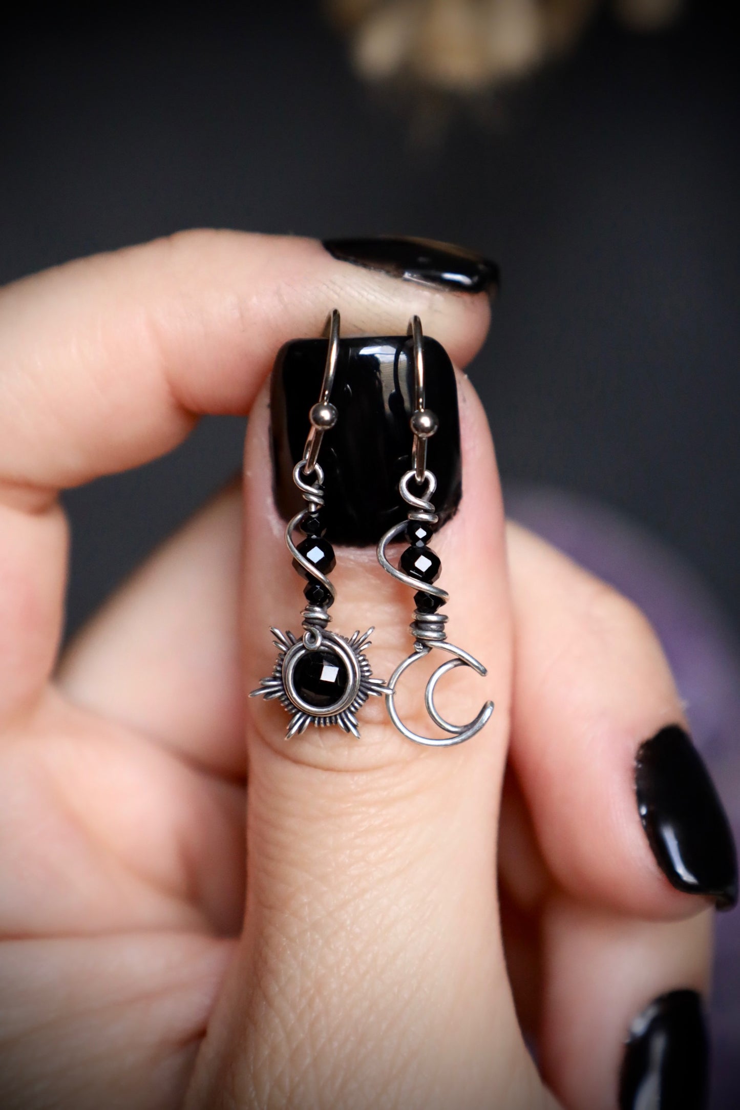 Little Sun and Moon Black Spinel Earrings in Solid Sterling Silver