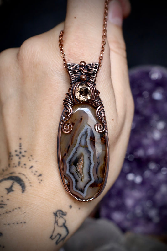 Montana Agate and Quartz Crystal Pendant in Copper