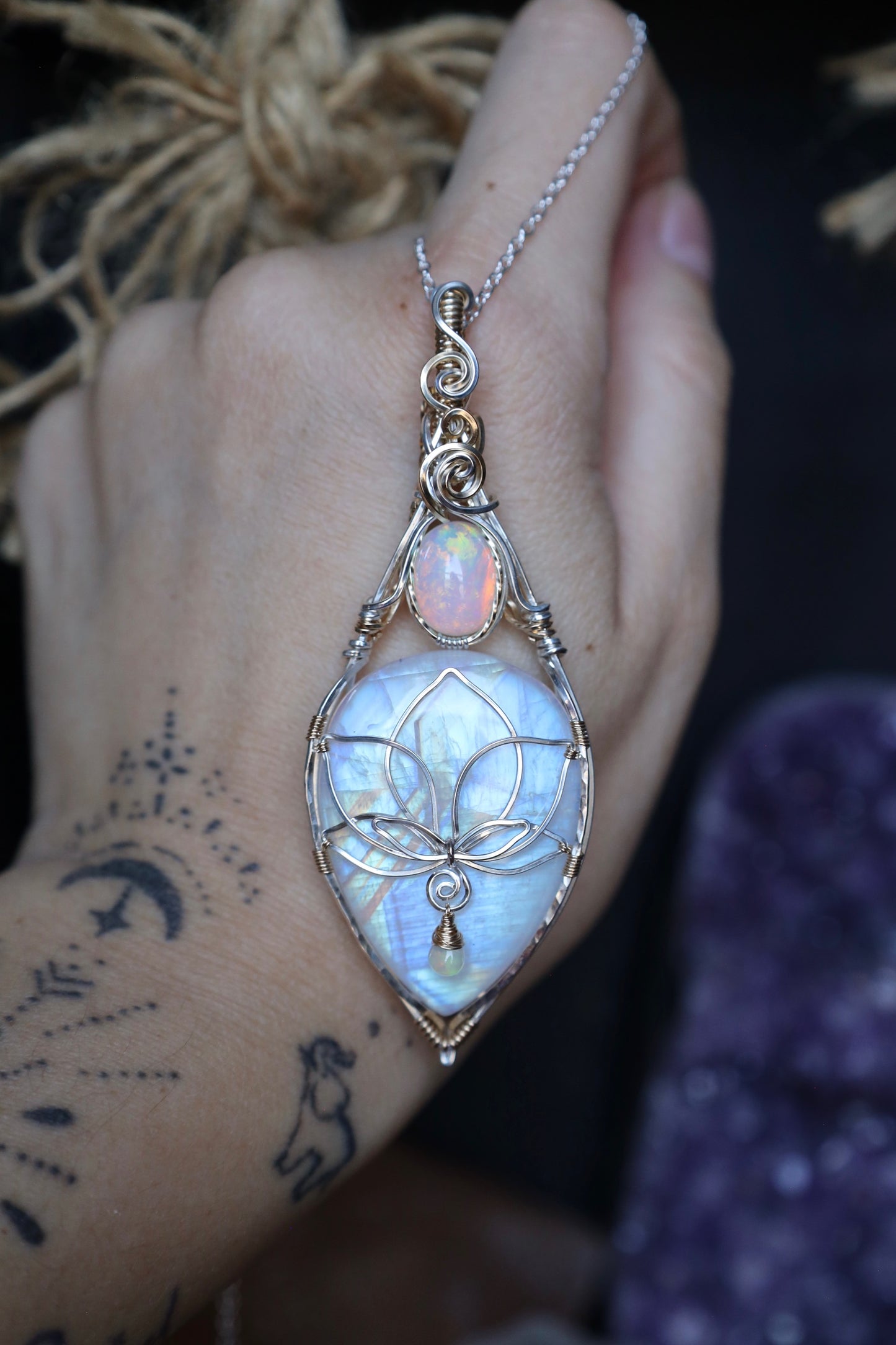 AAA Rainbow Moonstone and Opal Lotus Pendant in 14k Gold Fill and Solid Sterling Silver