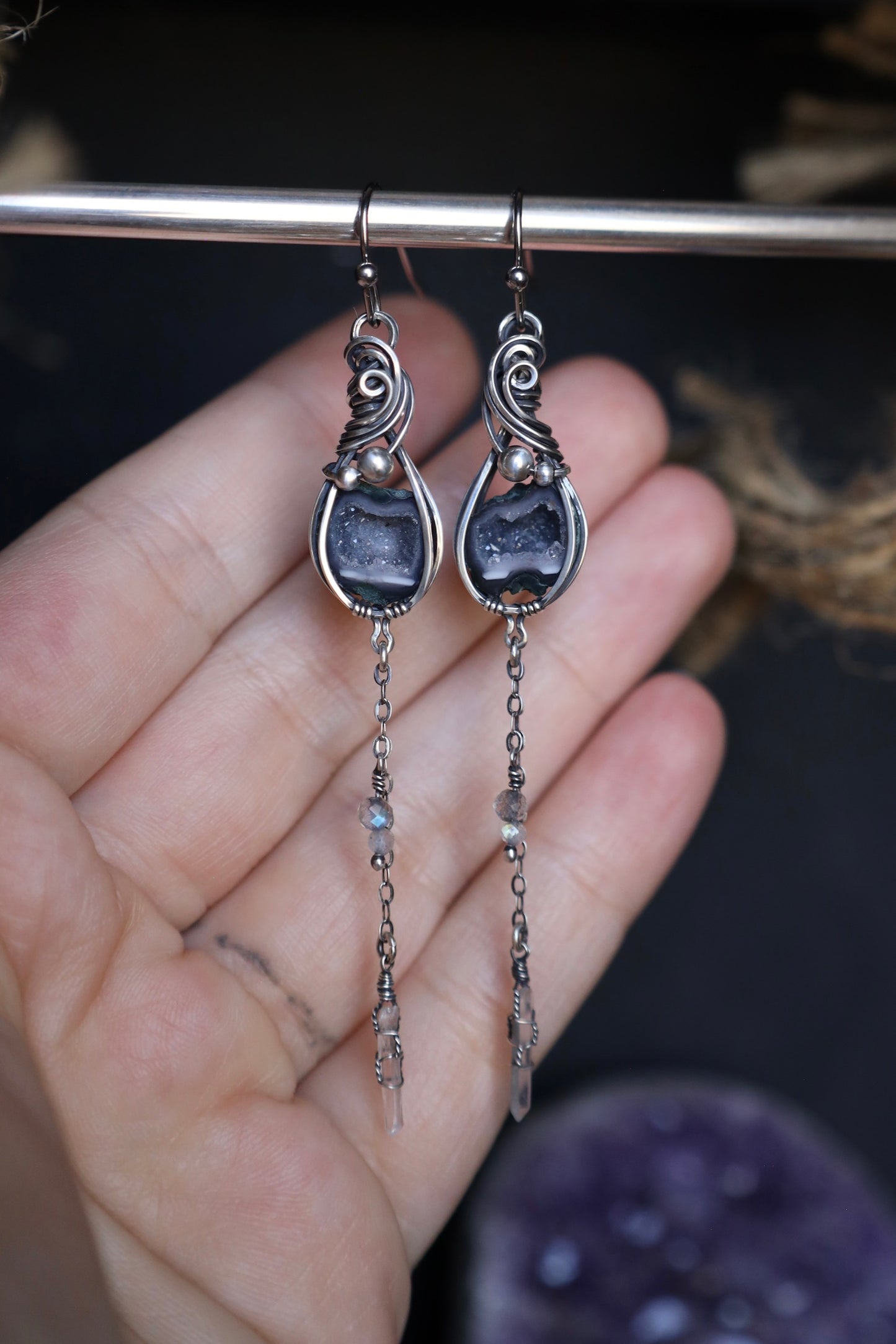 Tabasco Geode Labradorite and Quartz Crystal Dangle Earrings in Solid Sterling Silver