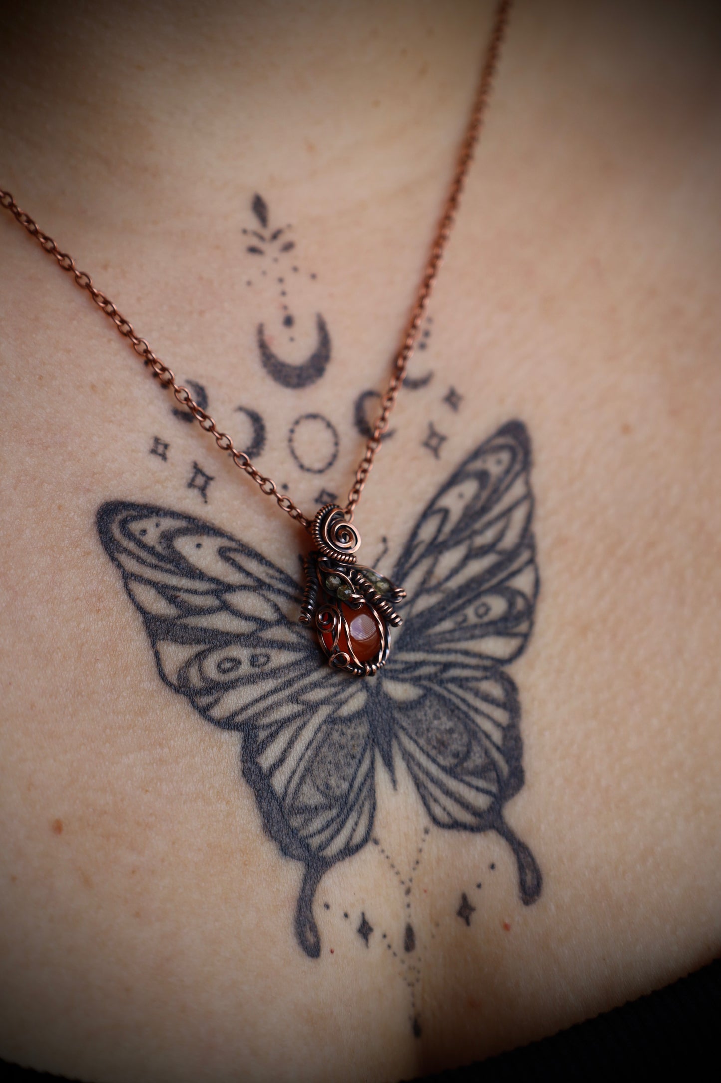 Carnelian Pumpkin and Peridot Leaf Micro Pendant in Copper